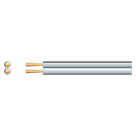 Illustration of the Mercury Figure 8 Speaker Cable, 2 x 13, White/Black (100m), showing a cross-section. Two copper CCA conductors are encased in a grey insulator, with the copper strands exposed at the ends. A side view and a cross-sectional view are displayed, highlighting the polarity line indicator for clarity.