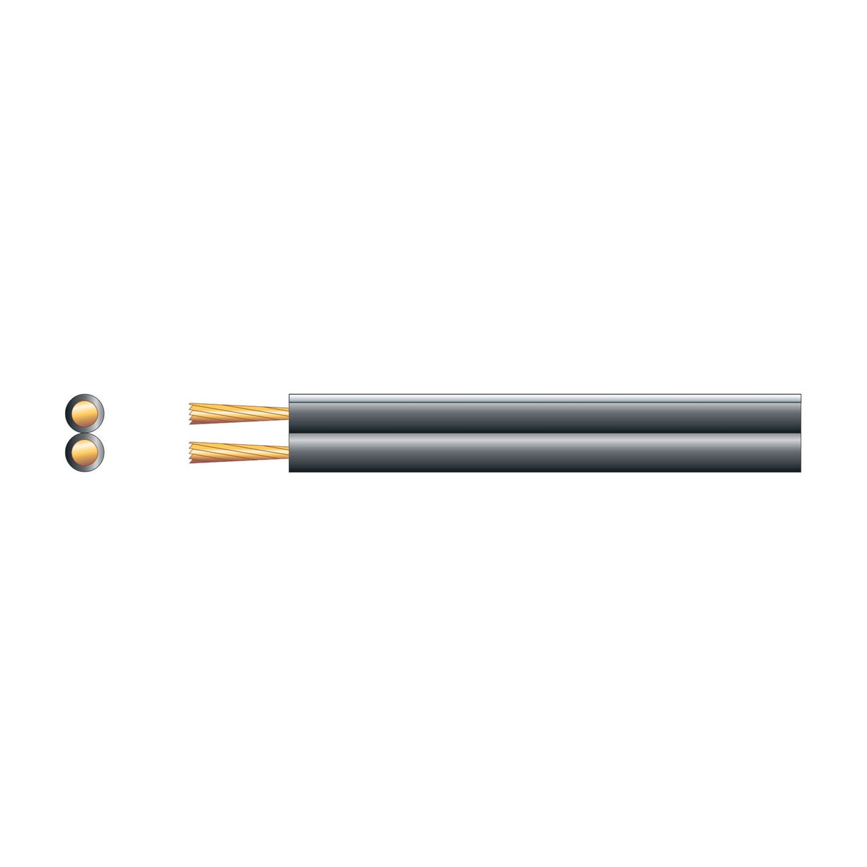 Mercury figure 8 speaker cable shown in cross-section with two copper stranded cores in a black twin sheath, alongside a length view on a white background.