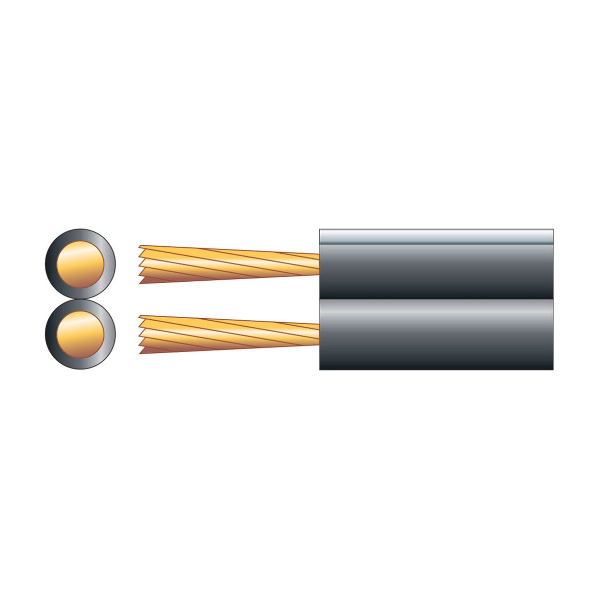 Mercury figure 8 speaker cable cross-section showing two black-sheathed cores with exposed copper strands, shown on a plain white background.