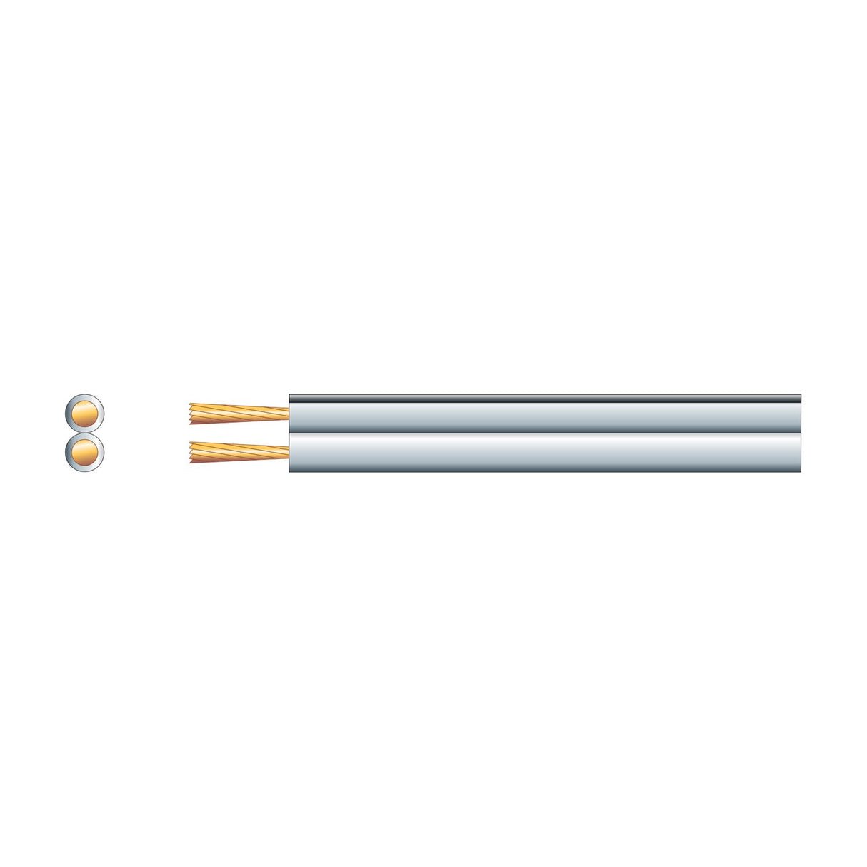 Mercury Fig 8 twin-core speaker cable with grey PVC sheath and exposed copper strands, shown alongside a figure-8 cross-section view on a white background.