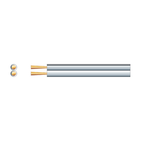Mercury Fig 8 twin-core speaker cable with grey PVC sheath and exposed copper strands, shown alongside a figure-8 cross-section view on a white background.