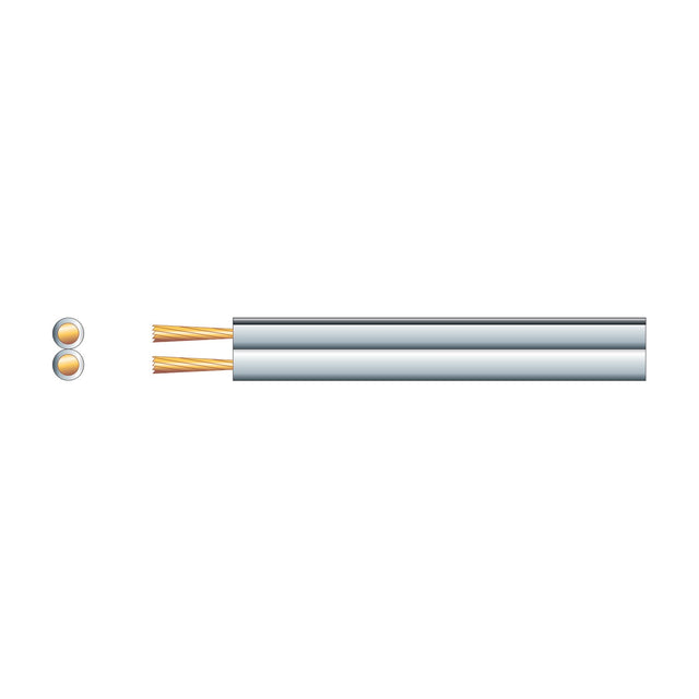 Mercury Fig 8 twin-core speaker cable with grey PVC sheath and exposed copper strands, shown alongside a figure-8 cross-section view on a white background.