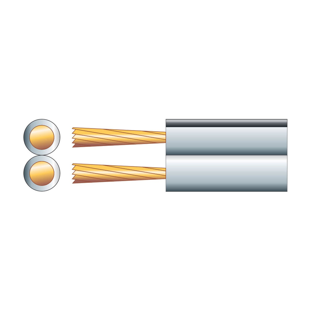 Cross-section diagram of AVSL Mercury Heavy Duty figure 8 speaker cable showing two parallel white-sheathed conductors with twisted copper strands.