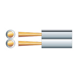 Cross-section diagram of AVSL Mercury Heavy Duty figure 8 speaker cable showing two parallel white-sheathed conductors with twisted copper strands.