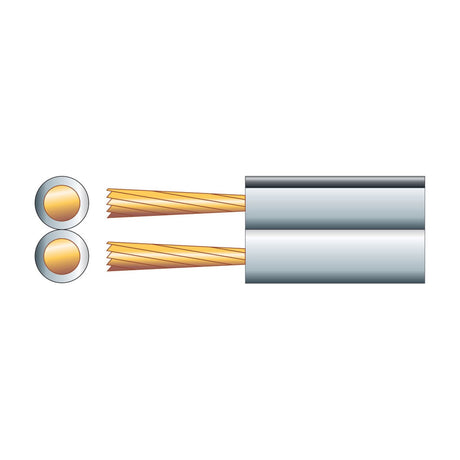 Cross-section diagram of AVSL Mercury Heavy Duty figure 8 speaker cable showing two parallel white-sheathed conductors with twisted copper strands.