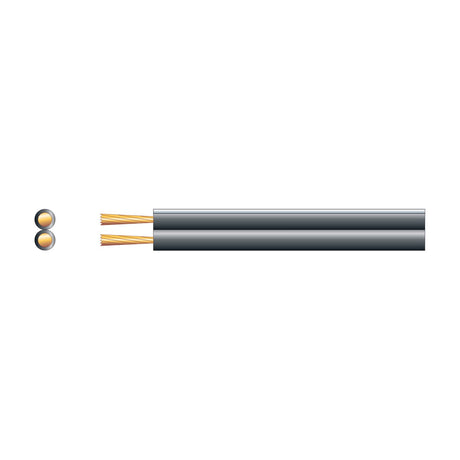 Mercury heavy duty figure 8 speaker cable by AVSL in black PVC, shown with cross-section revealing two stranded copper cores, on a plain white background.