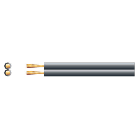 Illustration of the Mercury Heavy Duty Figure 8 Speaker Cable in black, displaying a cross-sectional view on the left and a linear view on the right. The cable features CCA stranded conductors sheathed in gray, highlighting two copper wires designed for optimal performance.