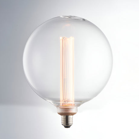 Endon 2.8W E27 LED globe bulb with clear 200mm glass and an internal etched acrylic sleeve glowing warm white, shown on a light background.