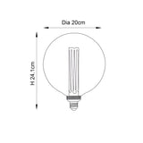 Dimension diagram of the Endon 2.8W E27 LED globe bulb showing a 20cm diameter and 24.1cm height with an internal etched sleeve.