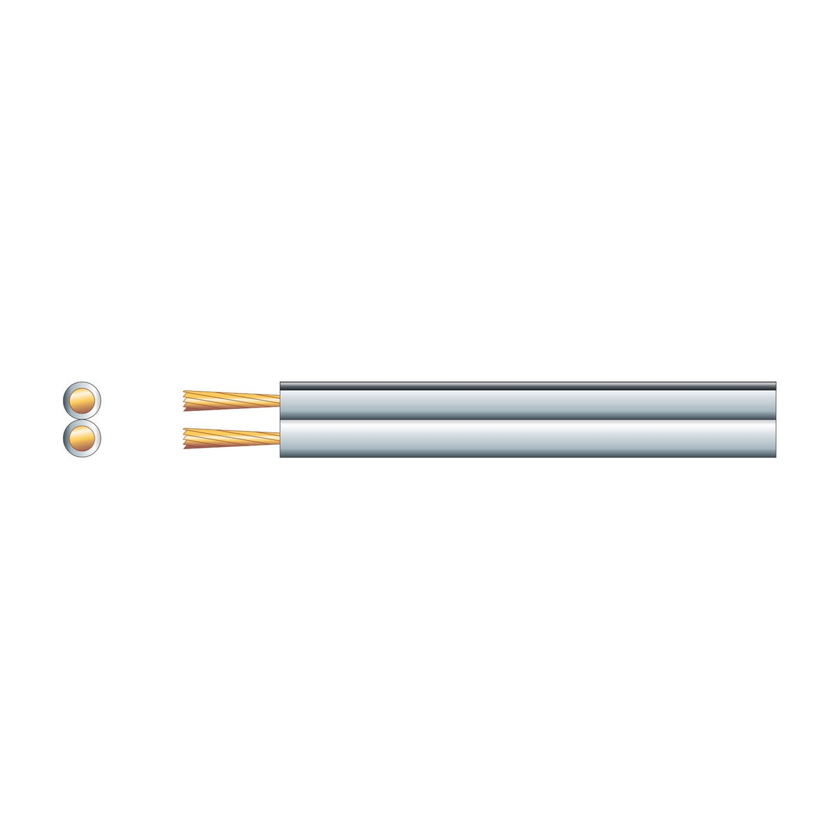 Mercury heavy duty figure 8 speaker cable with white PVC sheath and twin copper conductors, shown alongside a cross-section view on a plain background.