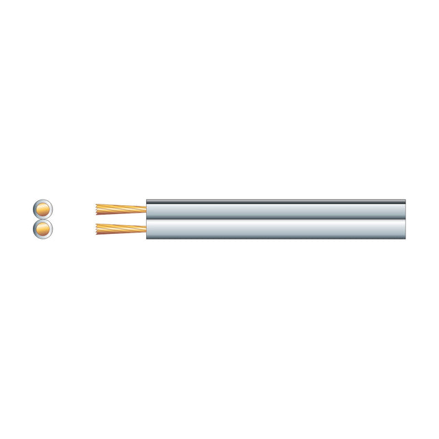 Mercury heavy duty figure 8 speaker cable with white PVC sheath and twin copper conductors, shown alongside a cross-section view on a plain background.