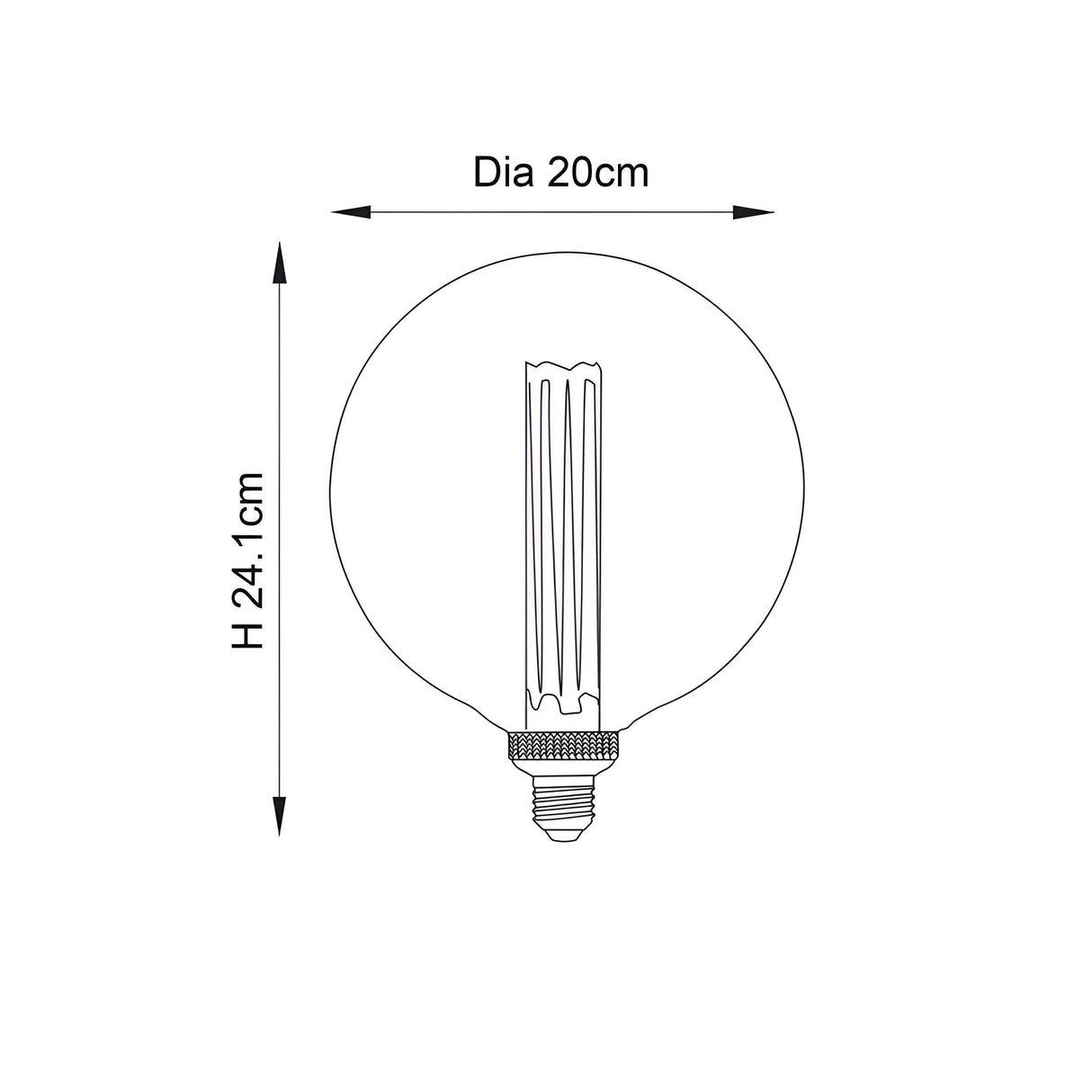 Dimension diagram of the Endon 2.8W E27 LED globe bulb showing 20cm diameter and 24.1cm height on a white background.