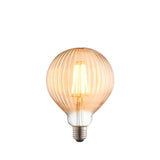 4W E27 LED filament globe bulb with ribbed amber glass and visible glowing filament, E27 screw cap base, on a plain white background.