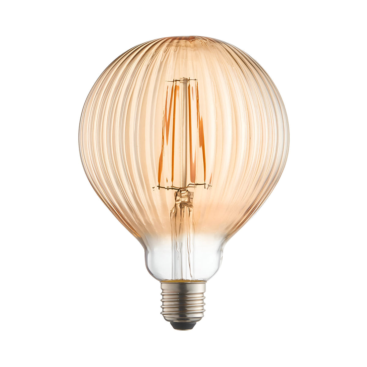 4W E27 LED filament ribbed globe bulb in amber tinted glass with visible filament, warm white light, on a plain white background.