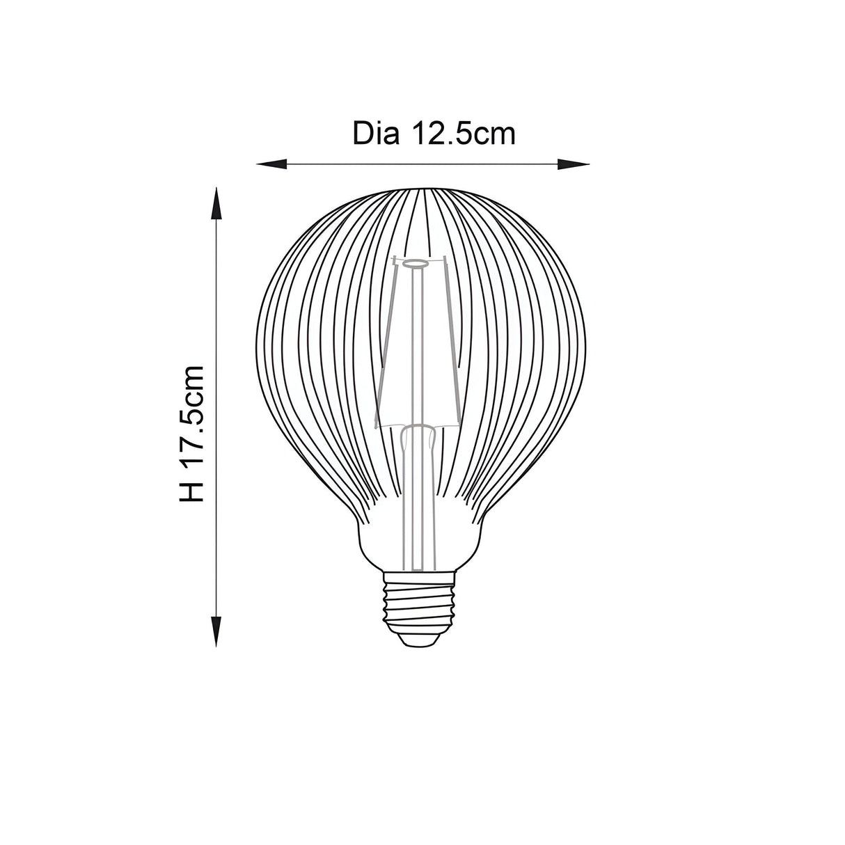 Line drawing of a ribbed globe LED filament bulb with visible filament and E27 screw cap, showing dimensions Dia 12.5cm and H 17.5cm on a white background.