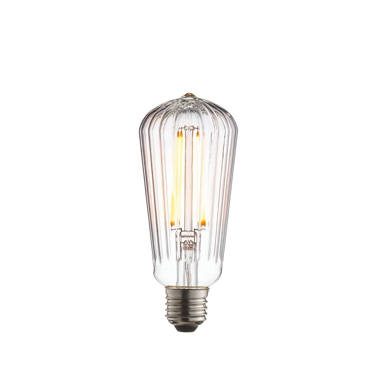 Endon 4W E27 LED filament pear bulb with ribbed clear glass and warm white 2200K filament, shown on a plain white background.
