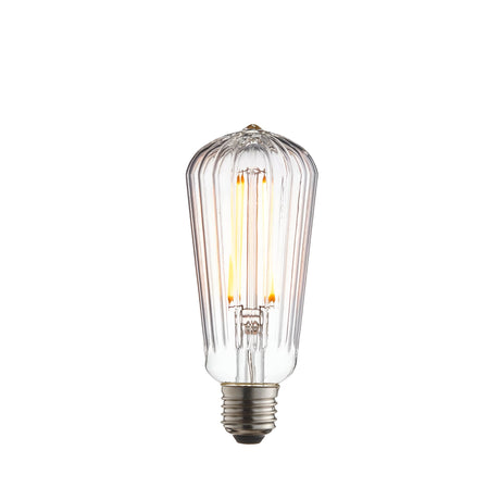 Endon 4W E27 LED filament pear bulb with ribbed clear glass and warm white 2200K filament, shown on a plain white background.