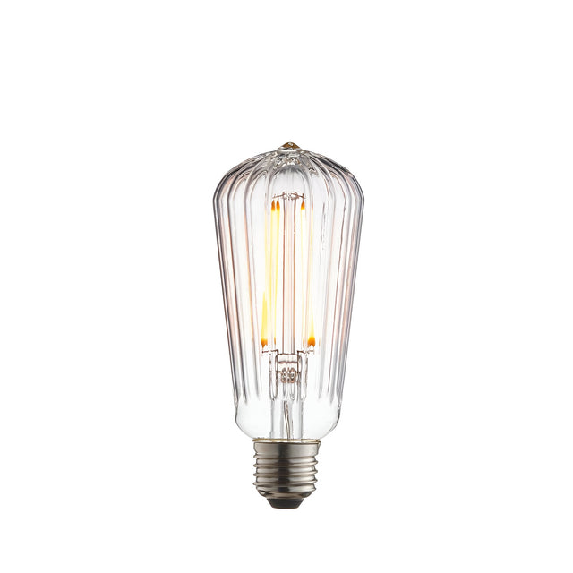 Endon 4W E27 LED filament pear bulb with ribbed clear glass and warm white 2200K filament, shown on a plain white background.