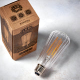 Endon 4W E27 LED filament pear bulb with ribbed clear glass and warm white filament, shown beside its printed kraft box on a light background.