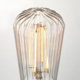 Close-up of Endon 4W E27 LED filament pear bulb in clear ribbed glass, glowing warm white against a plain light background.