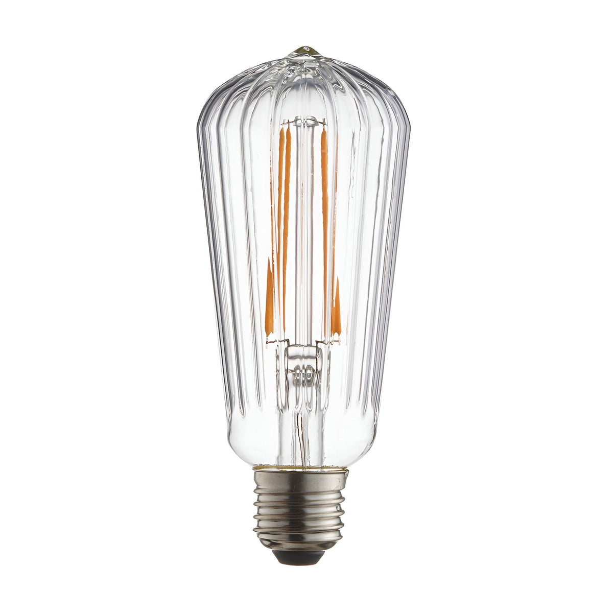 Endon 4W E27 LED filament pear bulb with ribbed clear glass, warm white filament and metal screw cap, shown on a plain white background.