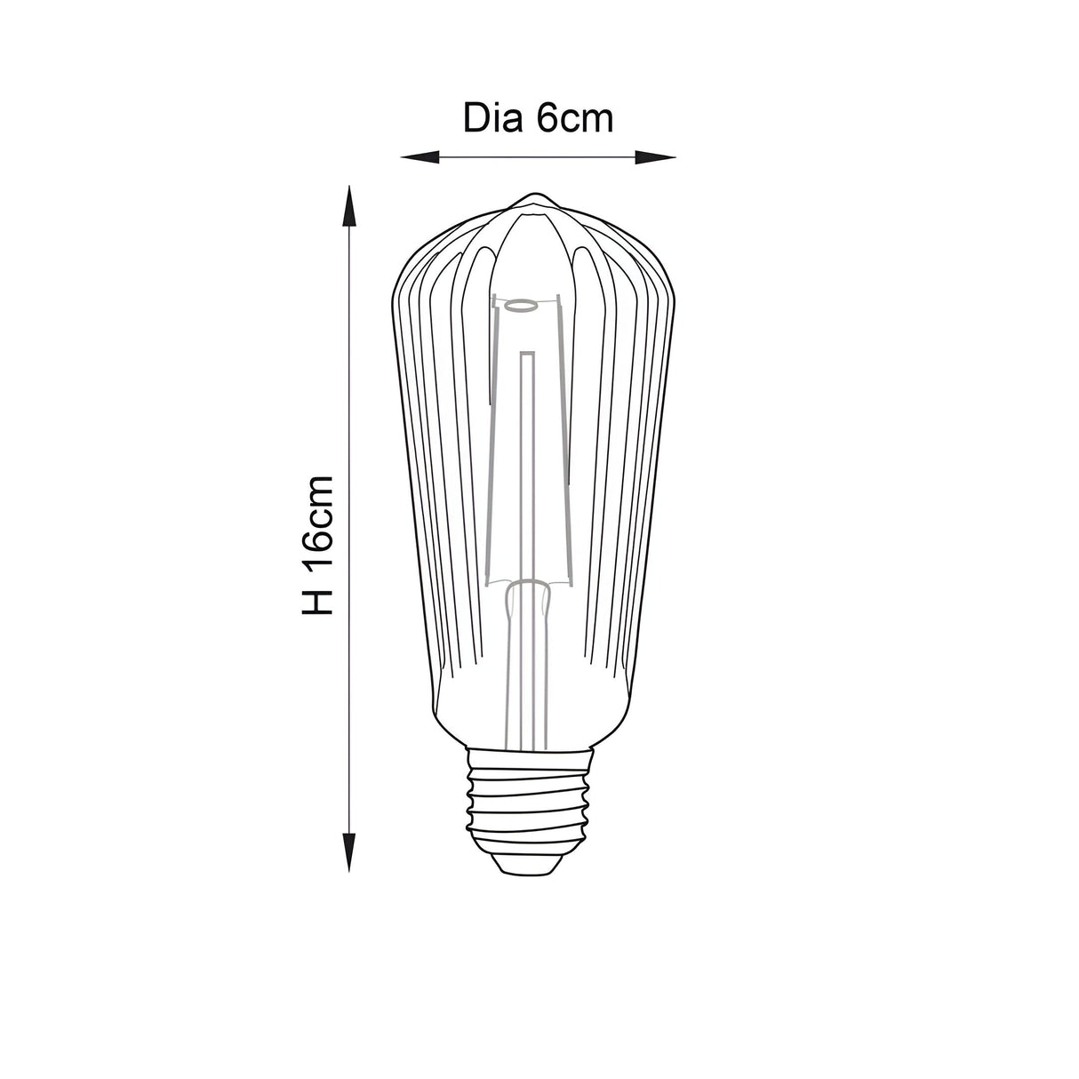 Endon 4W E27 LED filament pear bulb line drawing showing ribbed teardrop shape with dimensions of 6cm diameter and 16cm height.