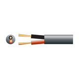 Cutaway view of AVSL Mercury 100V line speaker cable with black PVC sheath, showing 2-core 1.15mm² copper stranding in black and red insulation.
