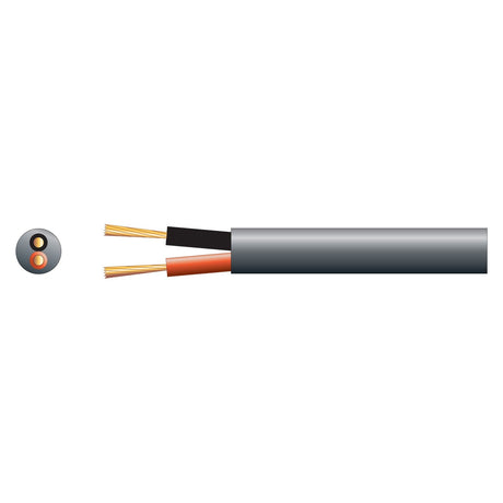 This illustration of the Mercury 100V Line Speaker Cable, 1.15mm, Black (25m) highlights a black outer sheath with two insulated wires in red and black, making it ideal for PA speaker installations. Strands of pure copper are visible from each wire. A cross-section view is displayed on the left.