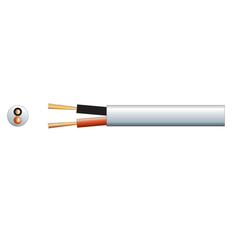 Visual depiction of the Mercury Heavy Duty Double Insulated 100V Line Speaker Cable with copper conductors. The cable features an outer white sheath with two inner copper wires, colored black and orange, visible at the end. On the left, a cross-sectional view illustrates these copper conductors securely encased within the cable.