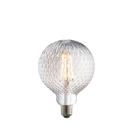 Endon 4W E27 LED filament globe bulb with clear faceted glass and warm white filament, shown on a plain white background.