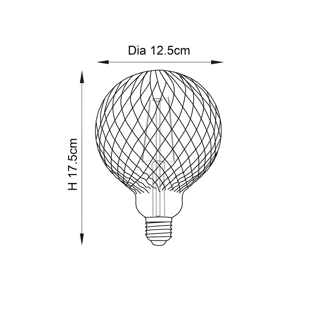 Endon 4W E27 LED filament faceted globe bulb technical diagram showing 12.5cm diameter and 17.5cm height dimensions on a plain white background.