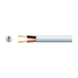 Mercury 100V double insulated 2-core speaker cable in white PVC sheath with red and black insulated copper conductors, shown in cross-section.