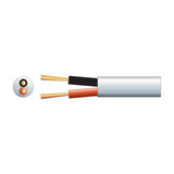Mercury 100V double insulated 2-core speaker cable with white PVC sheath, red and black insulated stranded conductors, shown with cross-section.