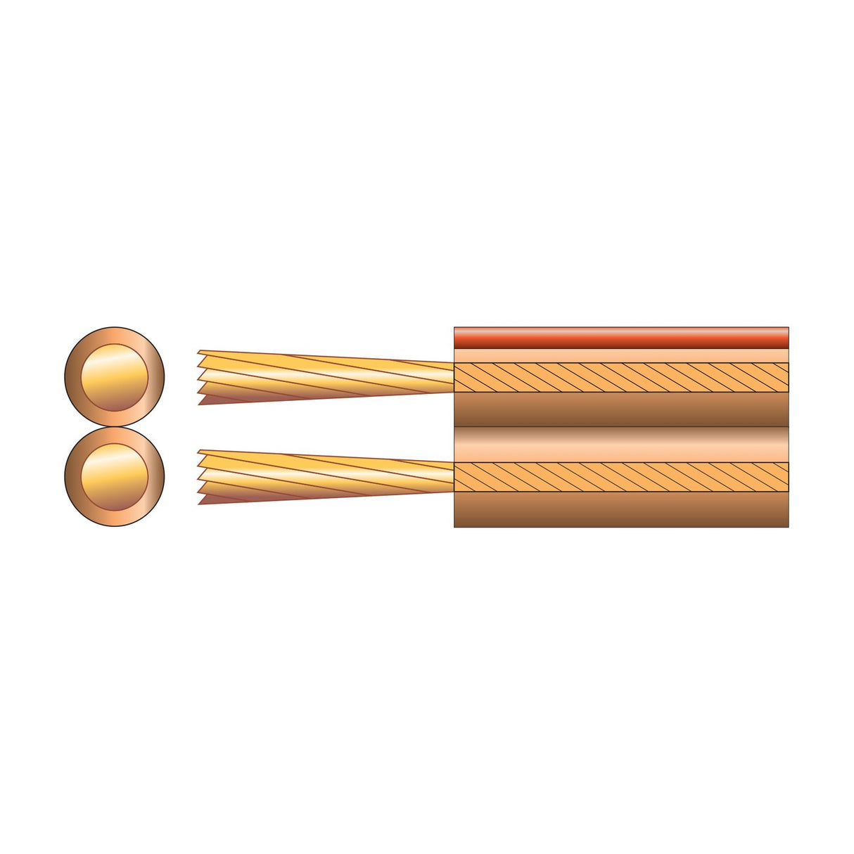 Cross-section of AVSL Mercury Heavy Duty 2-core speaker cable showing twin copper conductors with red polarity marker in clear PVC sheath.