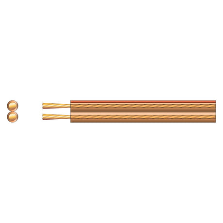 Illustration of the Mercury Heavy Duty Transparent Speaker Cable, 2 x 123 (100m) featuring a pair of pure copper electrical wires next to a cross-section view. The cross-section displays two circular copper conductors, each encased in insulation, illustrating the wire structure that is ideal for speaker cable use against a white background.