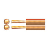 Cross-section diagram of Mercury two core speaker cable showing twin stranded copper conductors in a clear PVC sheath with a red polarity stripe.