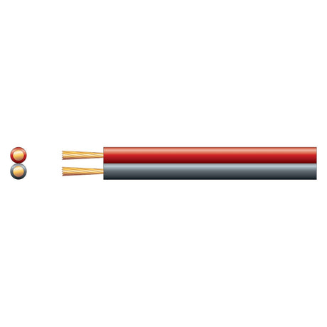 Illustration of the Mercury Fig 8 Power/Speaker Cable, 2 x 14, Red/Black (100m). The cross-section view displays the internal copper conductors. Two dots, one red and one black, are depicted beside the cable, emphasizing its application in automotive contexts.