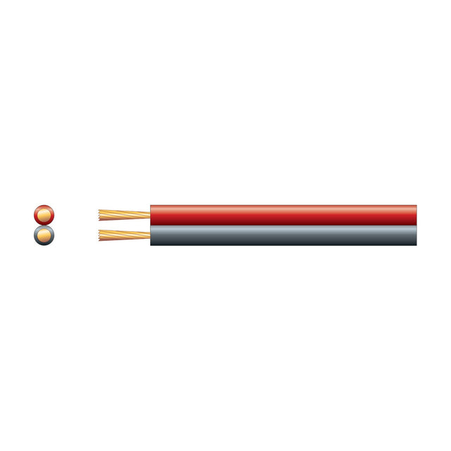 Mercury figure 8 two core speaker cable with red and black PVC sheath, exposed copper strands, and cross-section view on a white background.