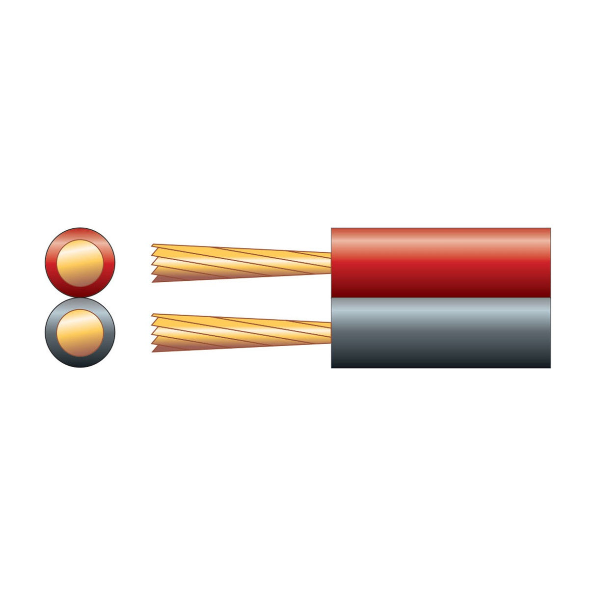 Mercury 2 core figure-8 speaker cable with red and black PVC sheathing and exposed copper strands, shown alongside a cross-section view.