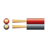 Mercury 2 core figure-8 speaker cable with red and black PVC sheathing and exposed copper strands, shown alongside a cross-section view.