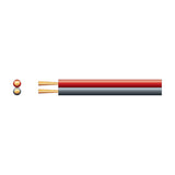 Mercury Figure 8 two-core speaker cable with red and black PVC sheath, exposed copper strands, and paired conductor cross-section on a white background.