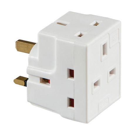 The 13A 3-Way Mains Fused Adaptor is a compact, cube-shaped white electrical plug adapter certified to BS 1363, featuring three rectangular outlets in a socket adaptor design. Equipped with a replaceable 13A fuse and metal prongs, it efficiently enables multiple devices to connect to one outlet.