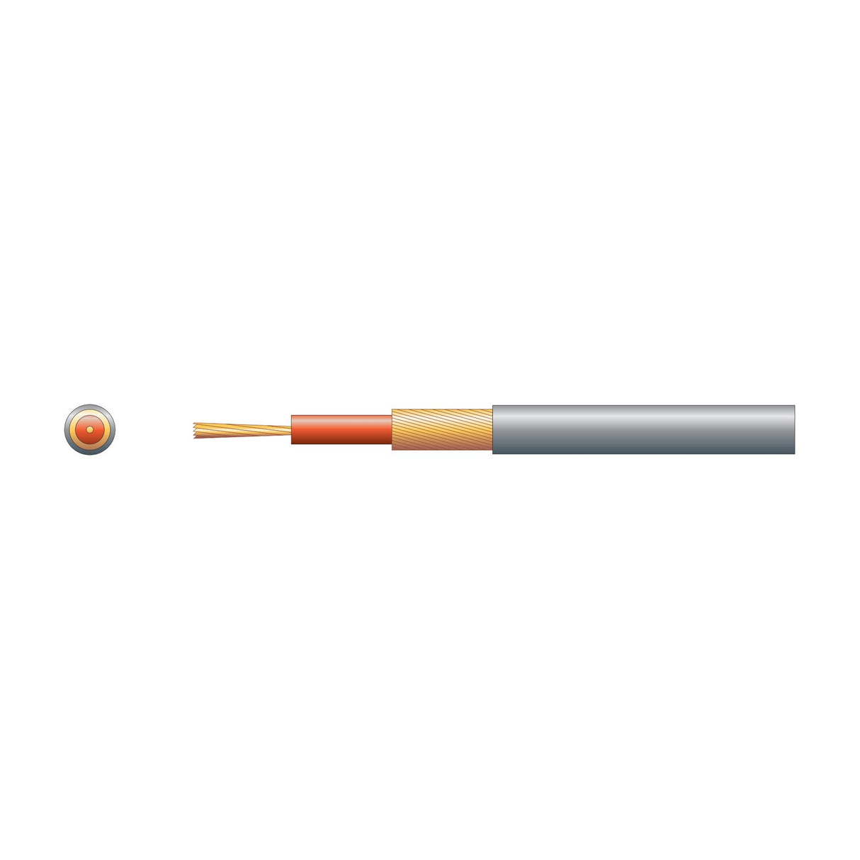 Cutaway view of AVSL Mercury 1 core lap screen signal cable with orange inner conductor, braided copper shield, and grey PVC sheath on white.