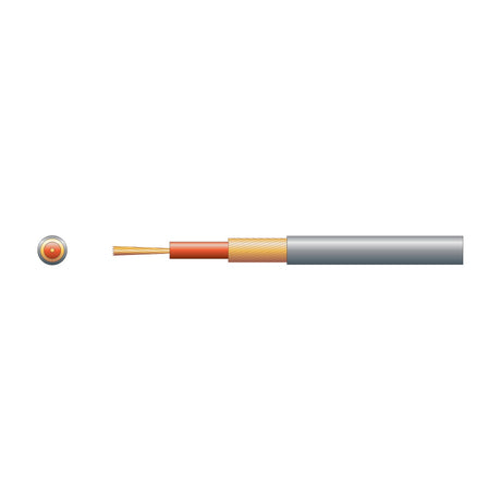 Cutaway view of AVSL Mercury 1 core lap screen signal cable with orange inner conductor, braided copper shield, and grey PVC sheath on white.