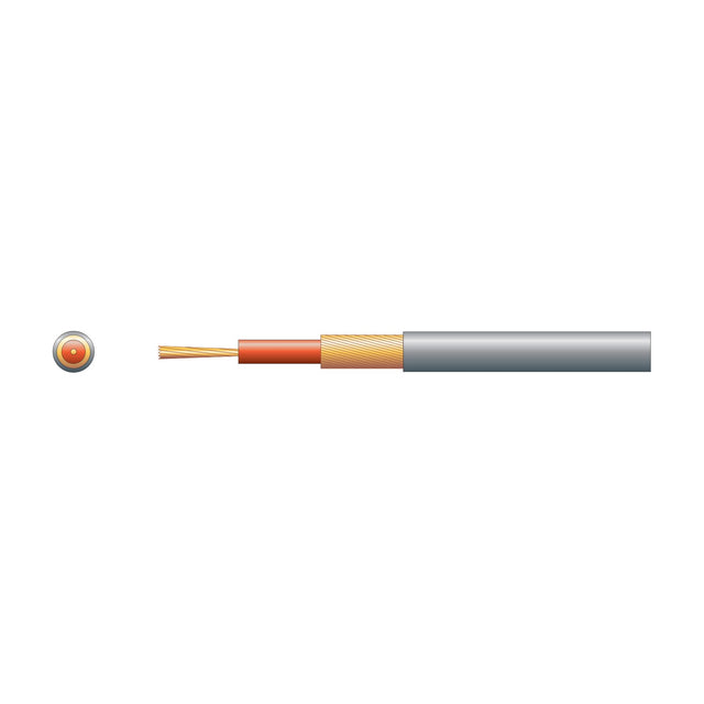 Cutaway view of AVSL Mercury 1 core lap screen signal cable with orange inner conductor, braided copper shield, and grey PVC sheath on white.