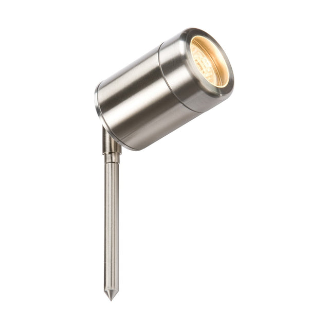 Introducing the Spike Light Stainless Steel: a sleek and modern GU10 garden spotlight with a stylish rounded head, expertly crafted from durable stainless steel. This IP65-rated light is perfect for outdoor landscape lighting, featuring an angled design and a pointed base for easy ground installation.
