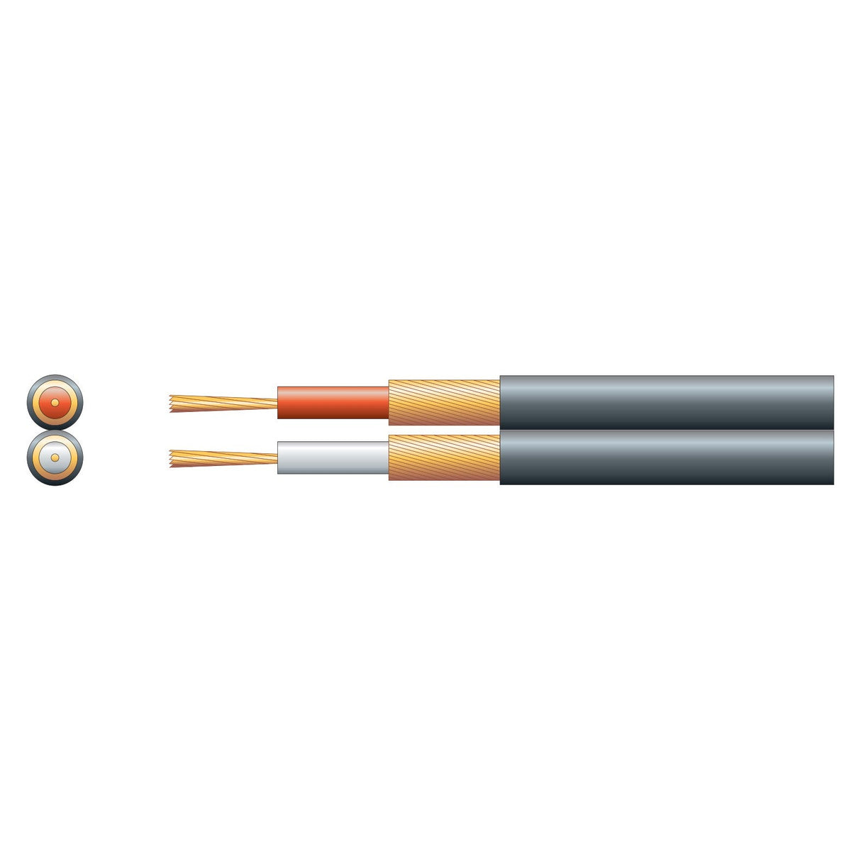 Depiction of a Mercury 2 Core Individual Lap Screen Cable, Black (100m) featuring a flexible PVC sheath. The image displays two coaxial cables with exposed copper wires, one with red and white insulation, both encased in black outer sheaths. A detailed cross-sectional view is shown on the left.