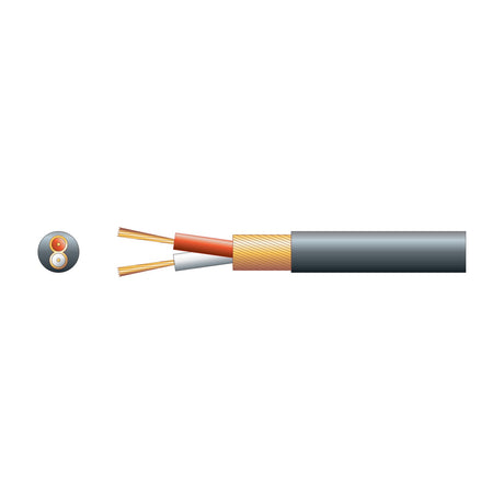 Cutaway view of the AVSL Mercury 2 core screened audio cable showing red and white cores, copper lap screen, and 4mm black PVC sheath.