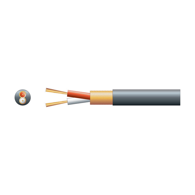 Cutaway view of the AVSL Mercury 2 core screened audio cable showing red and white cores, copper lap screen, and 4mm black PVC sheath.
