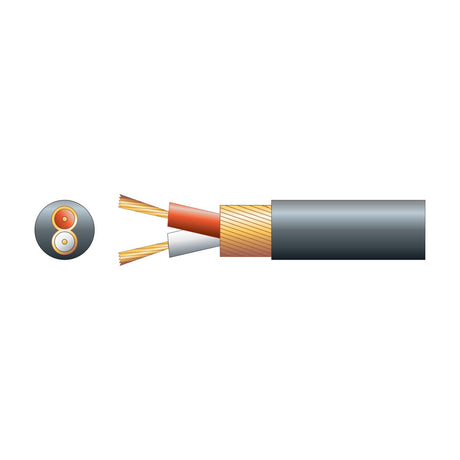 Cutaway diagram of AVSL Mercury 2 core screened audio cable with red and white insulated cores, copper lap screen and black 4mm PVC sheath.